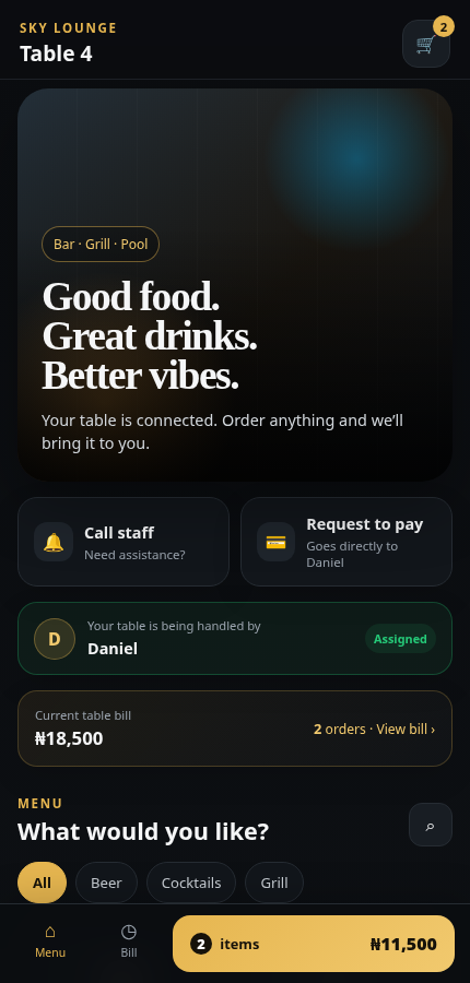 Current LeisureOS customer QR ordering interface